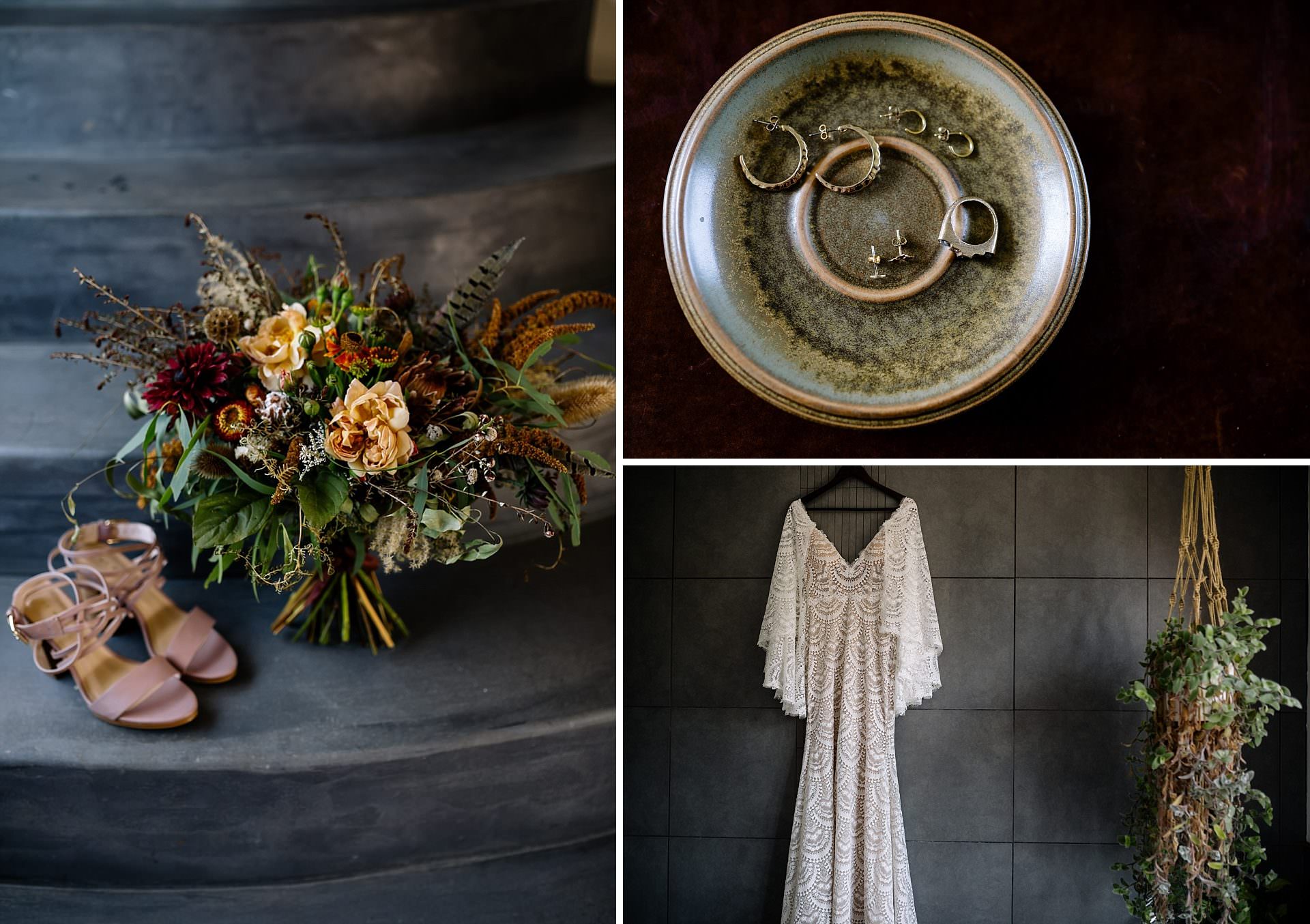 Rustic wedding flowers and Boho wedding dress