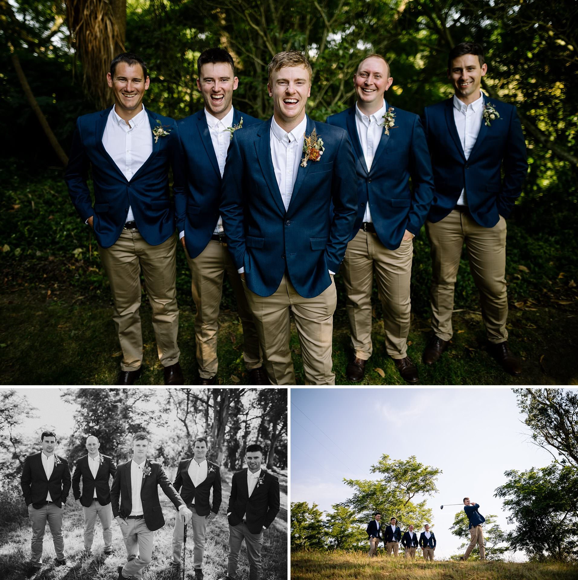 Groomsmen photos blue jacket beige pants with white shirts  