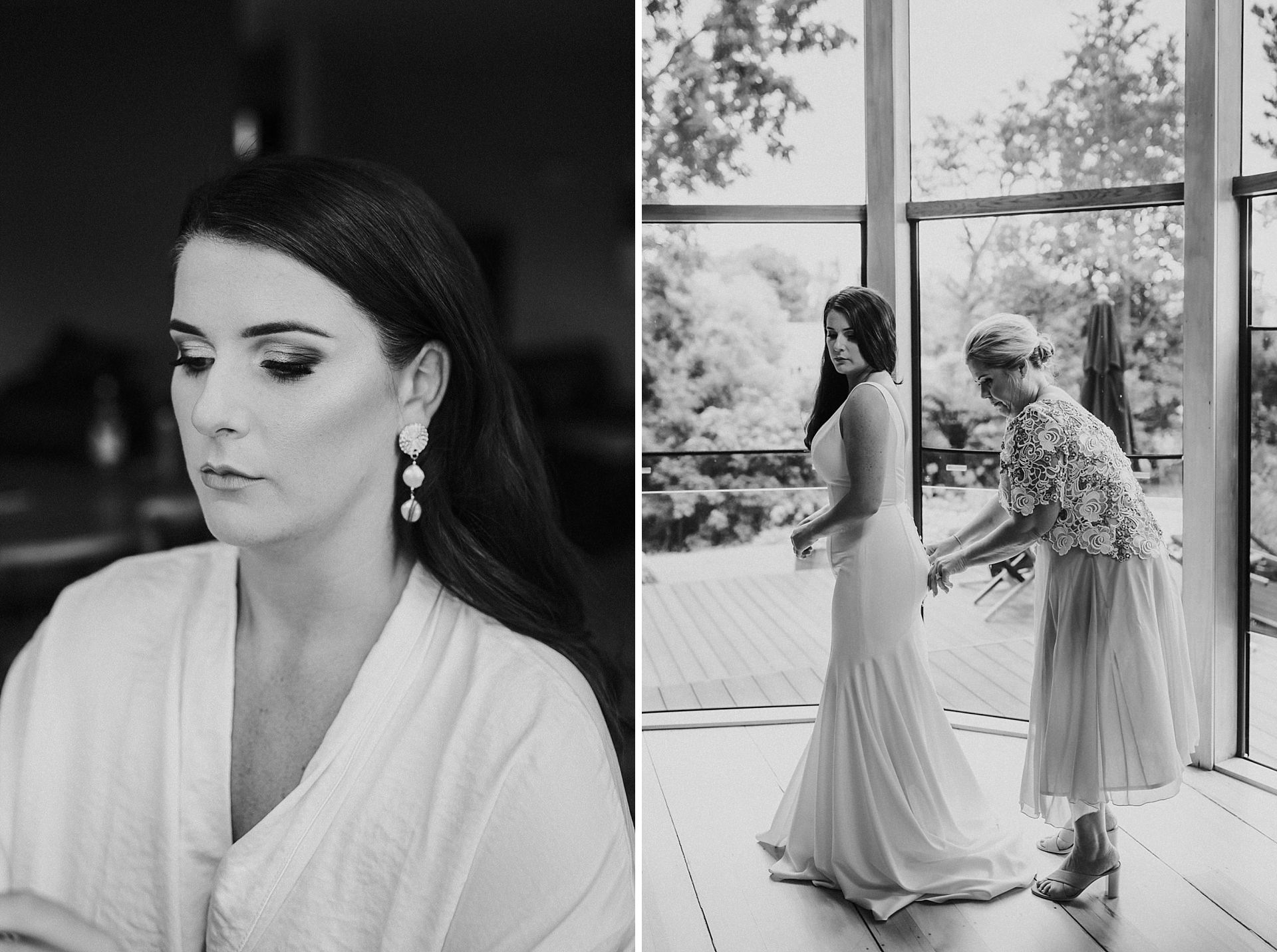 Black and white photos of bride gettting into wedding dress