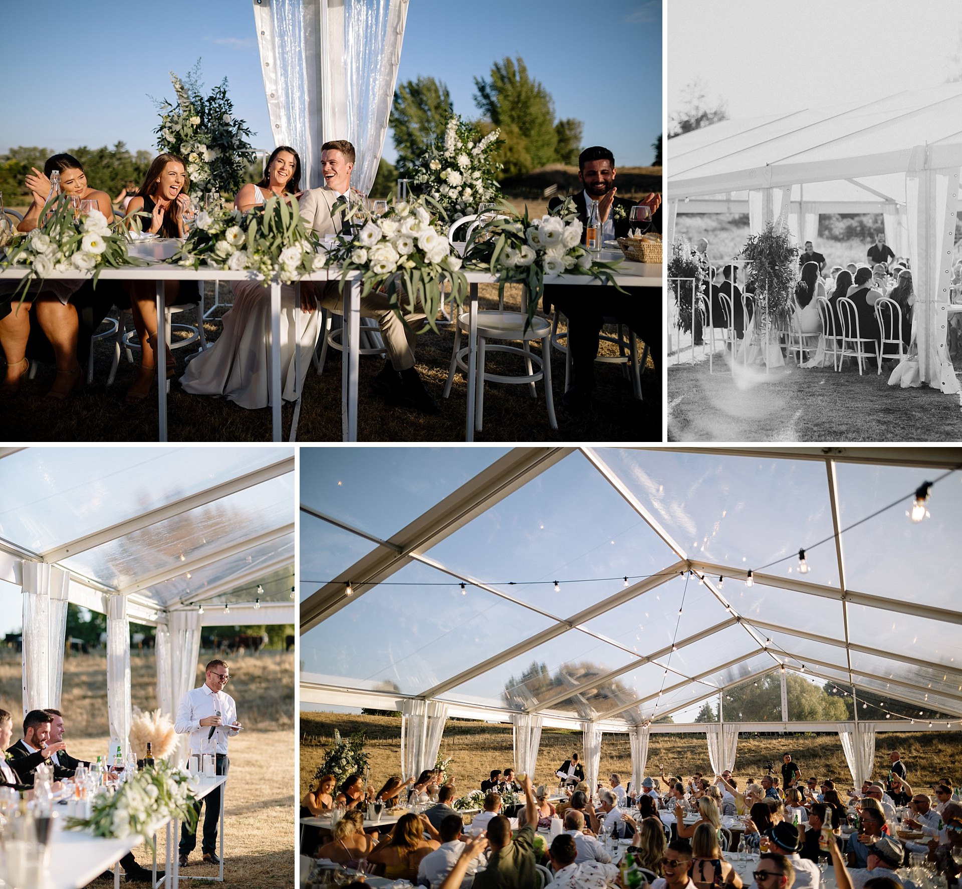 twelve tables clear marquee during Hamilton wedding speeches 