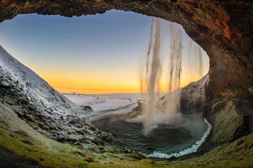 The-official-photographers-Iceland-walk behind-waterfall-Seljalandsfoss-sunset