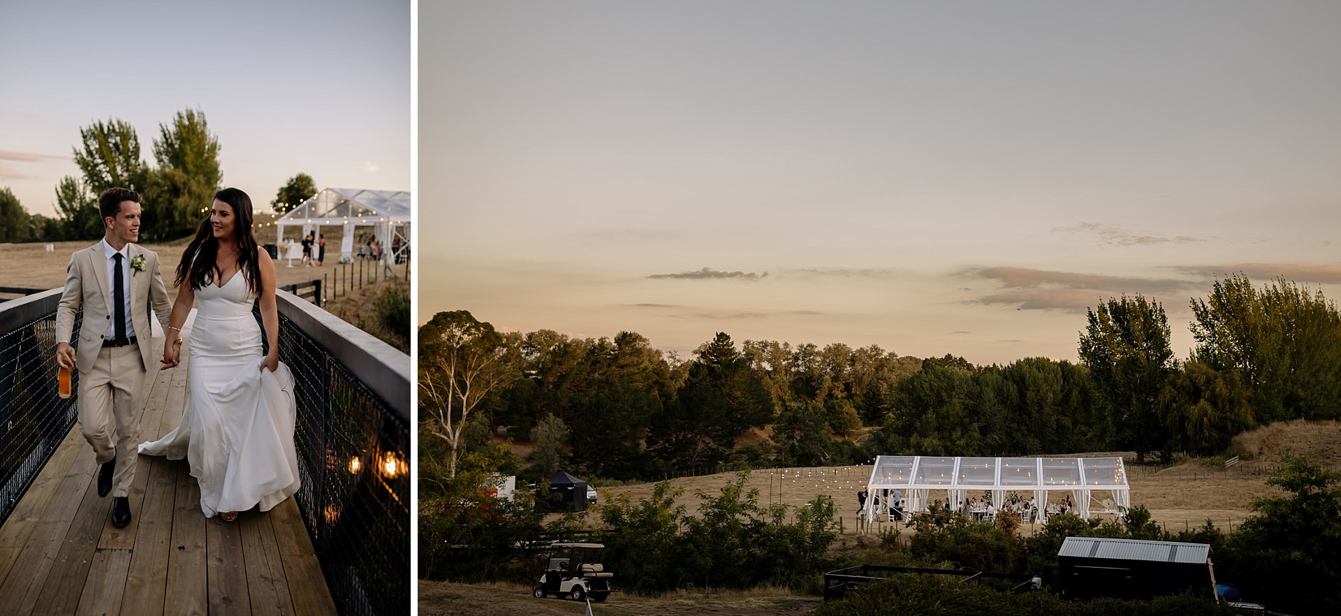 twelve tables clear marquee at sunset